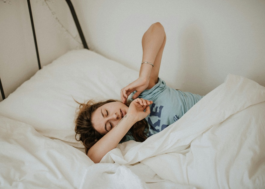 A person waking in the morning
